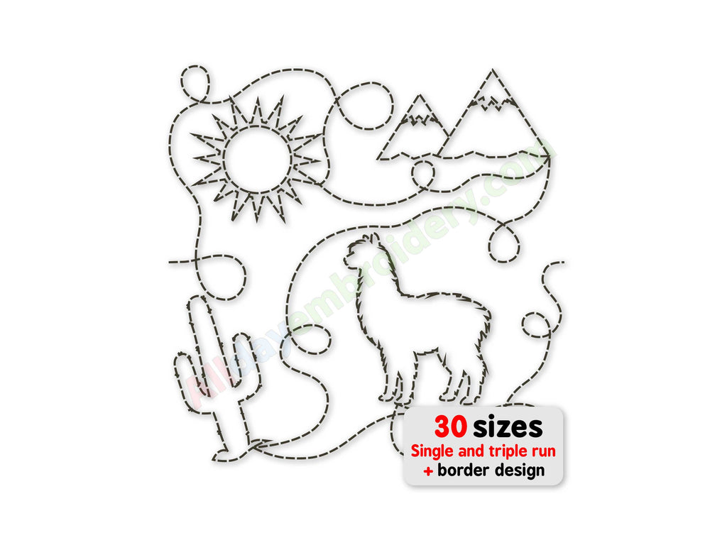 Embroidery design with llama, cactus, and mountains on a white background