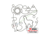 Embroidery design with llama, cactus, and mountains on a white background
