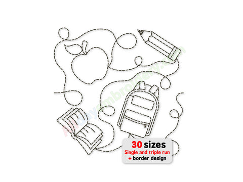 Outline of an apple, pencil, book, and backpack with text indicating 30 sizes and border design options on a white background.