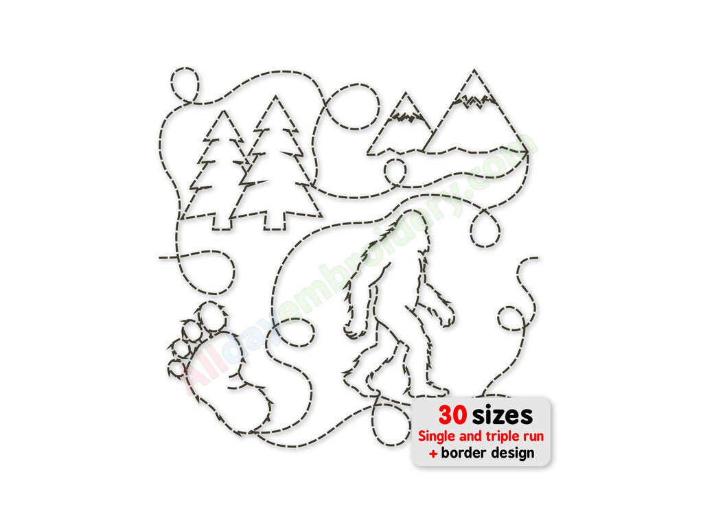 Embroidery design of a bear, trees, and mountains with text indicating multiple size options on a white background.