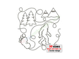 Embroidery design of a bear, trees, and mountains with text indicating multiple size options on a white background.