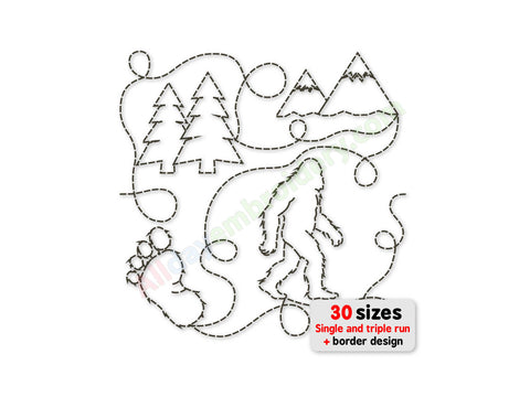 Embroidery design of a bear, trees, and mountains with text indicating multiple size options on a white background.