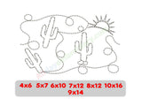 Desert-themed design with cacti and a sun, featuring size options at the bottom.