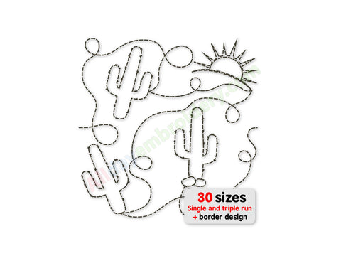 Embroidery design with cacti and a sun on a white background