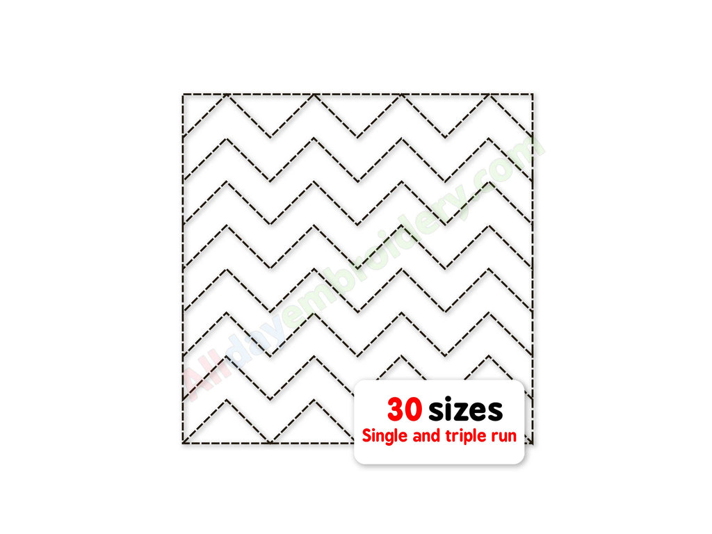Quilting template with zigzag pattern and text '30 sizes Single and triple run' on a white background