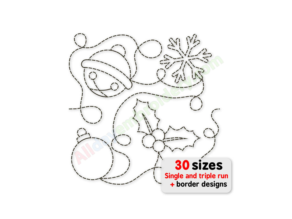 Christmas edge to edge quilting embroidery design with Christmas bell, snowflake, Christmas ball and Holly.