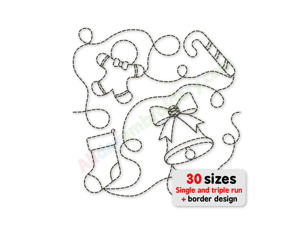 Embroidery design with Christmas elements including a stocking, bell, and gingerbread man on a white background.