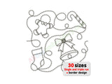 Embroidery design with Christmas elements including a stocking, bell, and gingerbread man on a white background.