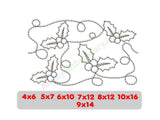 Embroidery design with holly leaves and berries on a white background, with size options displayed below.