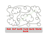 Quilting template with cloud designs and size specifications below on a white background