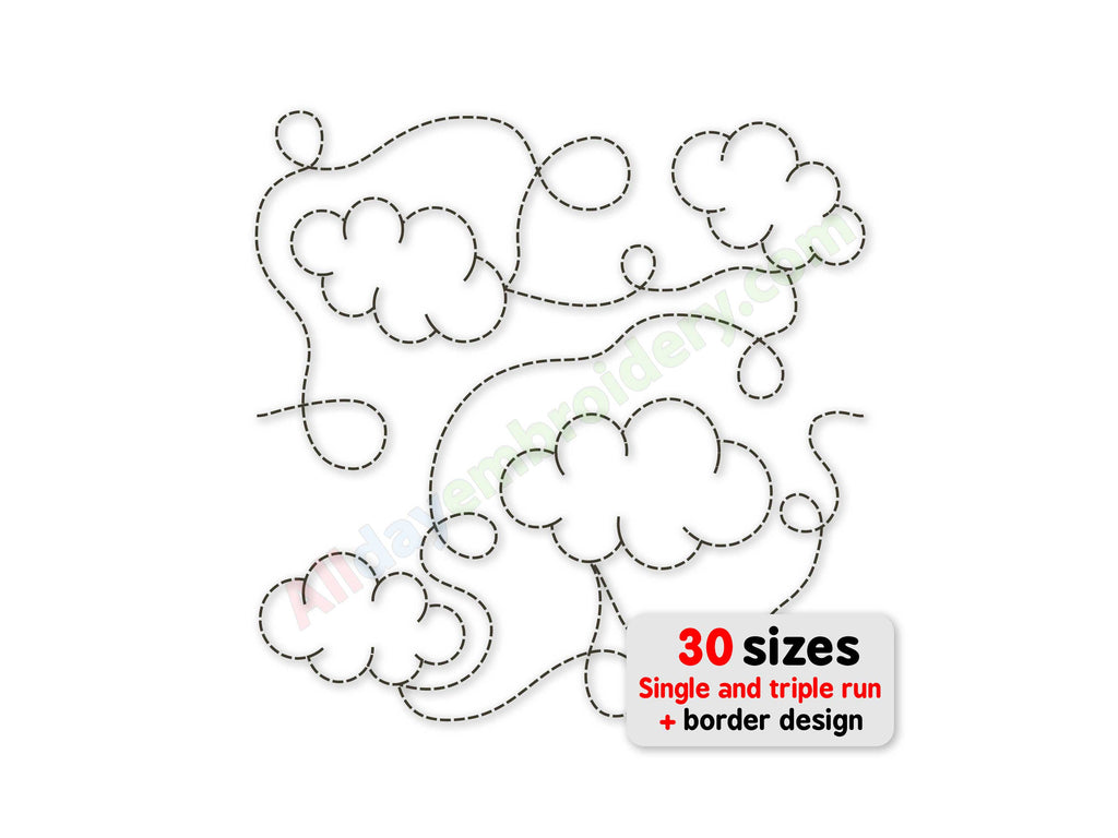 Design of clouds with a border on a white background, featuring text about size options and design types.
