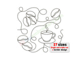 Coffee-themed edge-to-edge quilting embroidery design with steaming cup and coffee beans
