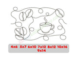 E2E embroidery pattern featuring a steaming coffee mug and scattered beans for quilting machines