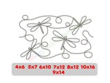 Embroidery design with dragonflies and size options displayed below on a white background.