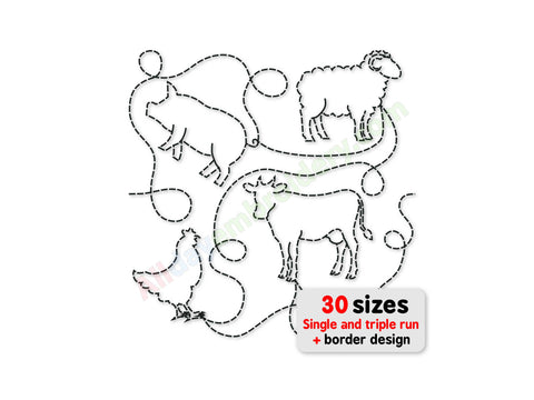 Outline of animals with text indicating 30 sizes and design options on a white background