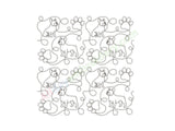 Repetitive pattern of a dog and paw prints on a white background