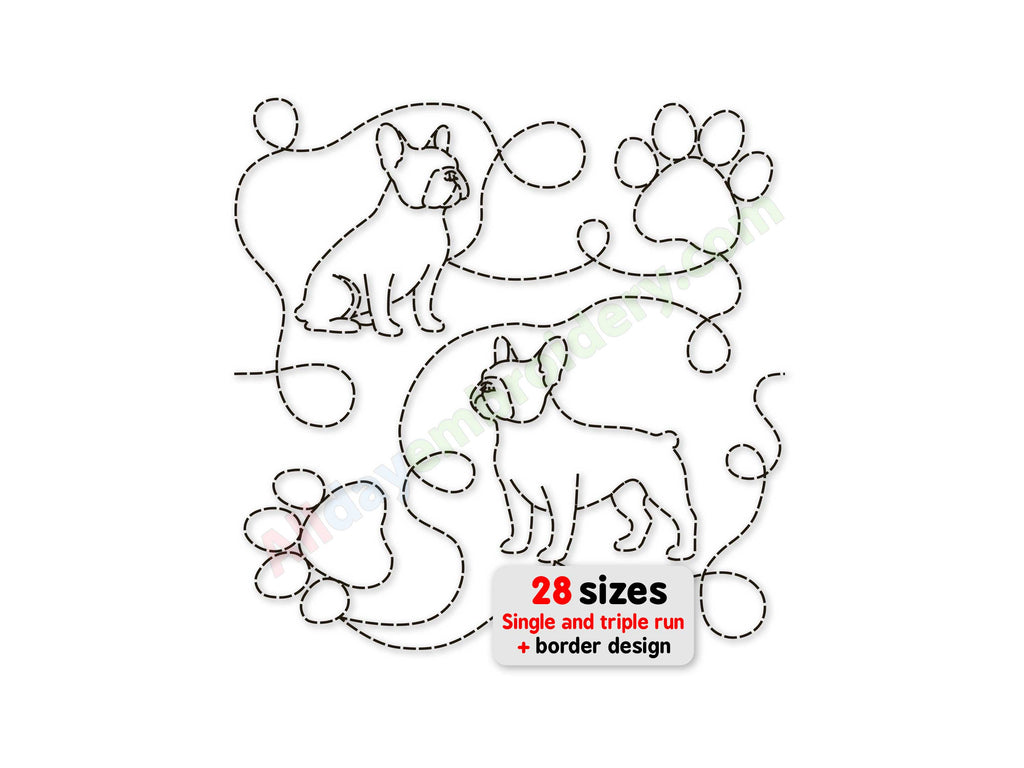 Embroidery design of two dogs and paw prints with '28 sizes' text on a white background.
