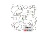 Embroidery design of two dogs and paw prints with '28 sizes' text on a white background.