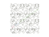 Pattern of stylized frogs and bubbles on a white background