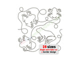 Outline design of a frog with text indicating '28 sizes' and 'border design' on a white background.