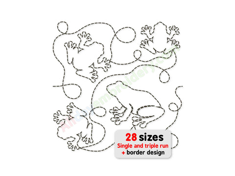 Outline design of a frog with text indicating '28 sizes' and 'border design' on a white background.