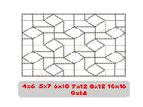 Quilt block pattern with measurements displayed below on a white background