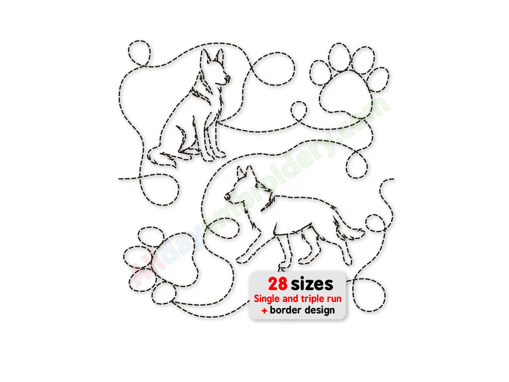 Embroidery design with two dogs and paw prints on a white background