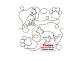 Embroidery design with two dogs and paw prints on a white background