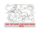 Design of two dogs with paw prints and measurement options on a white background