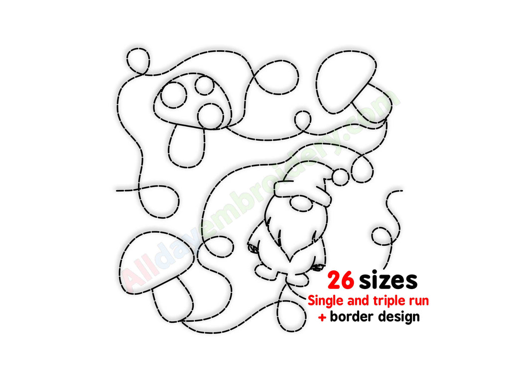 Outline design of a gnome with a mushroom and text indicating '26 sizes' on a white background.