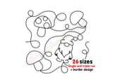 Outline design of a gnome with a mushroom and text indicating '26 sizes' on a white background.