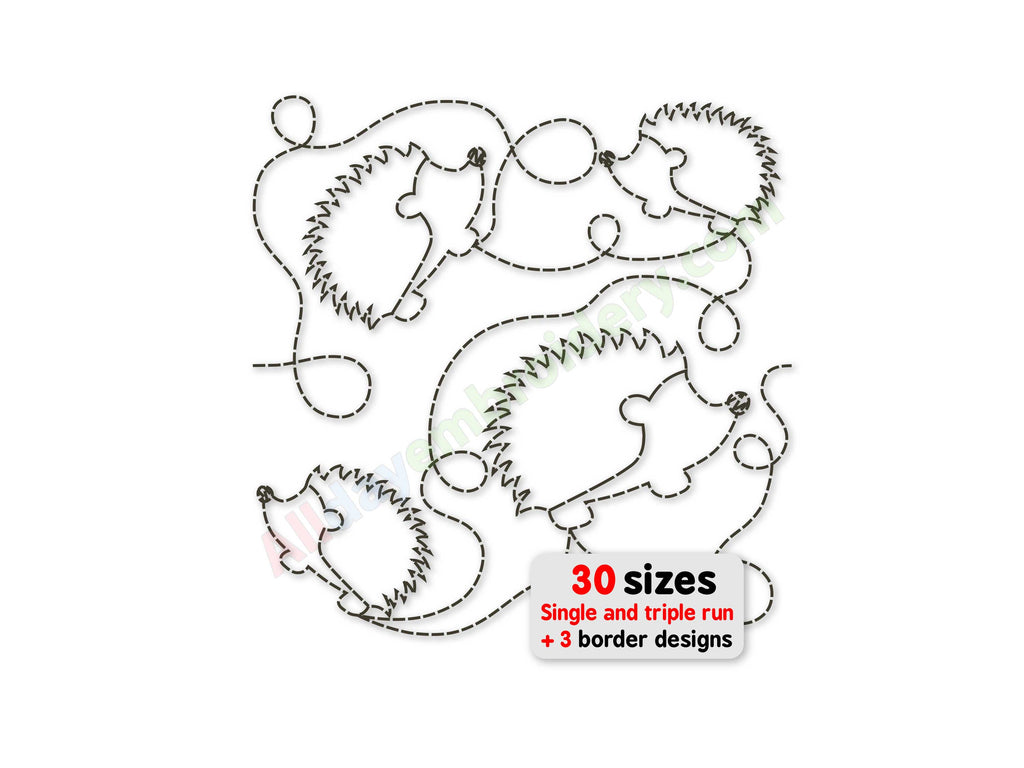 Embroidery design of a bear and fish with text indicating 30 sizes and border designs on a white background.