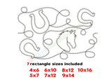 Horse edge to edge embroidery design with horse and horseshoes.