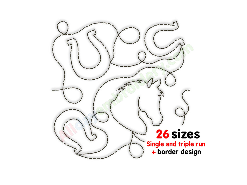 Horse edge to edge embroidery design with horse and horseshoes.