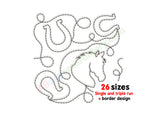 Horse edge to edge embroidery design with horse and horseshoes.