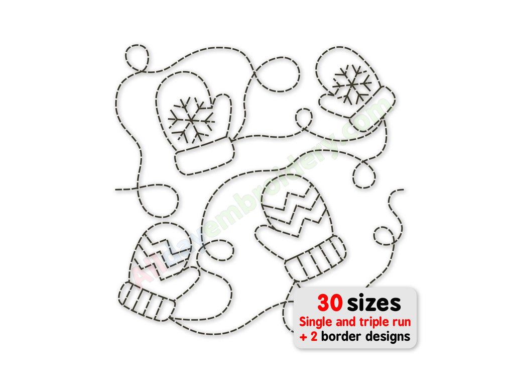 Embroidery design of mittens with snowflake and zigzag patterns on a white background.
