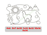 Design of a llama with sun, mountains, and cactus, with size options below on a white background.