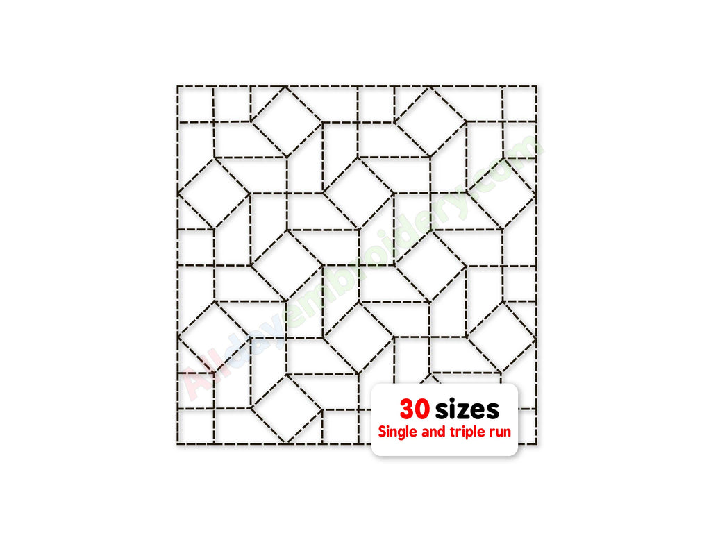 Grid pattern with geometric shapes and text indicating '30 sizes' on a white background