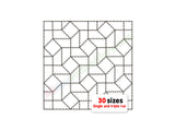 Grid pattern with geometric shapes and text indicating '30 sizes' on a white background