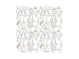 Repetitive pattern of a forest scene with trees and a bear in black outline on a white background.