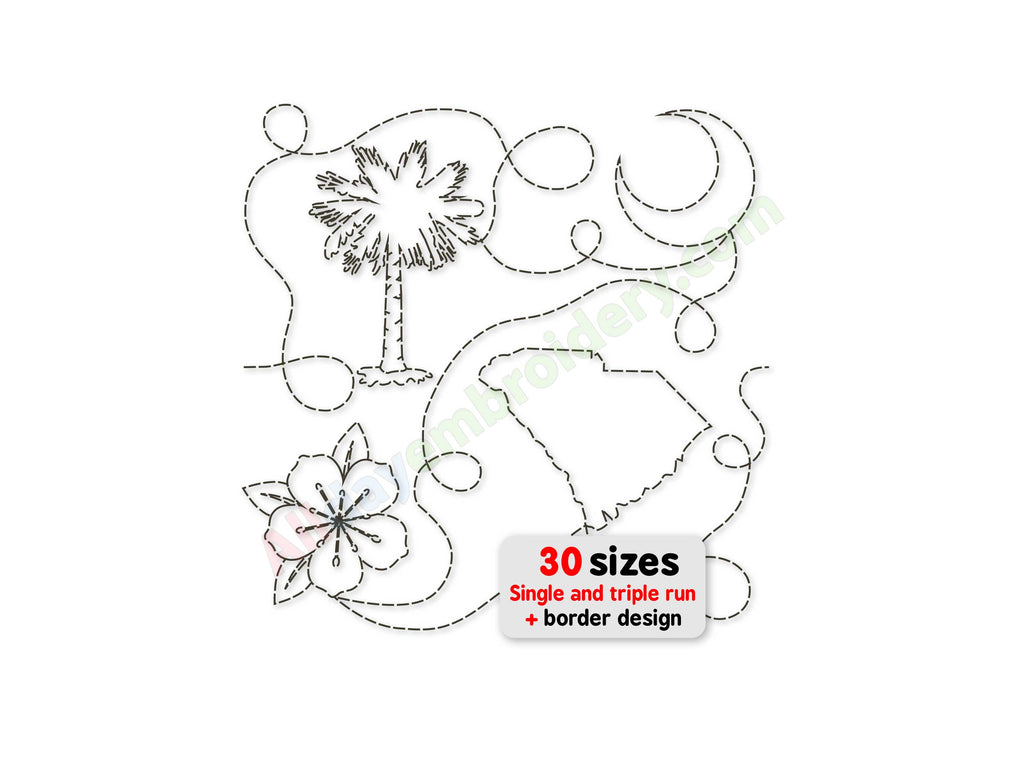 Embroidery design with palm tree, flowers, and decorative elements on a white background.