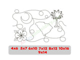 Embroidery design with floral elements and size specifications on a white background