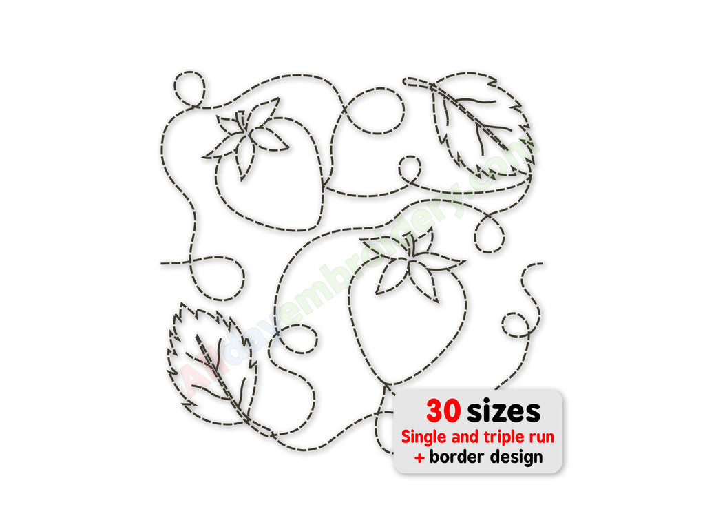 Embroidery design with strawberries and leaves on a white background, featuring text about size options.