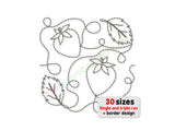 Embroidery design with strawberries and leaves on a white background, featuring text about size options.