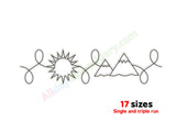 Decorative line art with sun, mountain, and snowflake shapes on a white background.