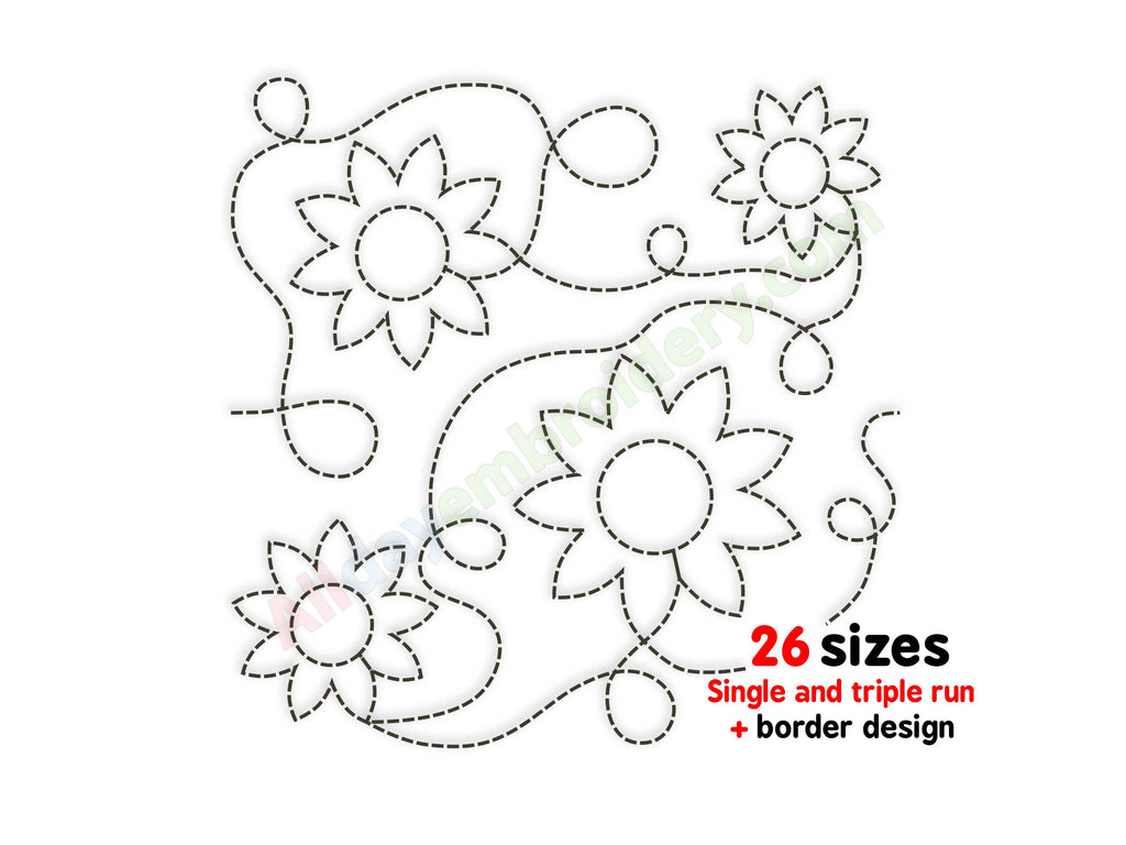 Floral embroidery design with '26 sizes' text on a white background
