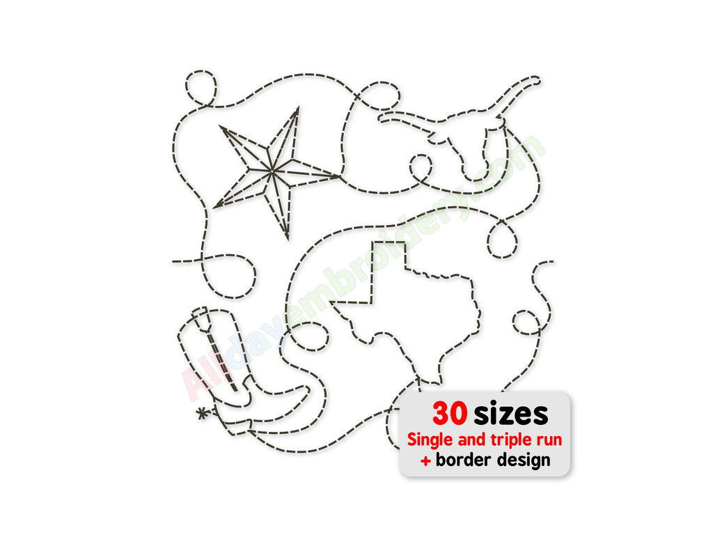 Embroidery design with cowboy hat, boots, and star on a white background