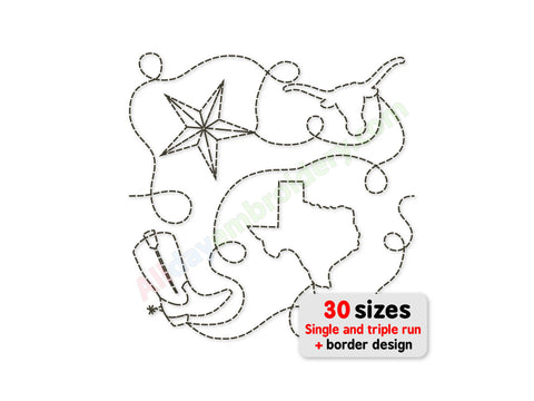 Embroidery design with cowboy hat, boots, and star on a white background