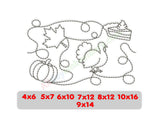 Thanksgiving quilting embroidery design with turkey, maple leaf, pie and pumpkin