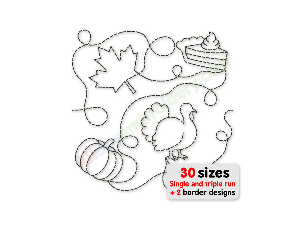 Thanksgiving quilting embroidery design with turkey, maple leaf, pie and pumpkin